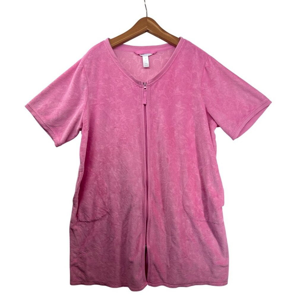Vintage Adonna Womens Robe XL Petite Pink Full Zip Short Swim Cover Terry Cloth - Picture 1 of 10